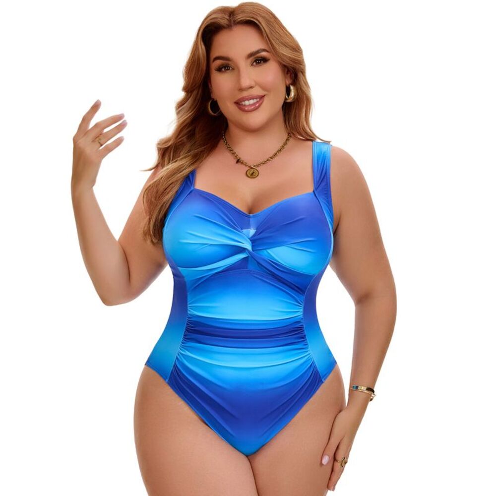 Women Plus Size Twist Front Push Up 1 Piece Swimwear Royal Blue